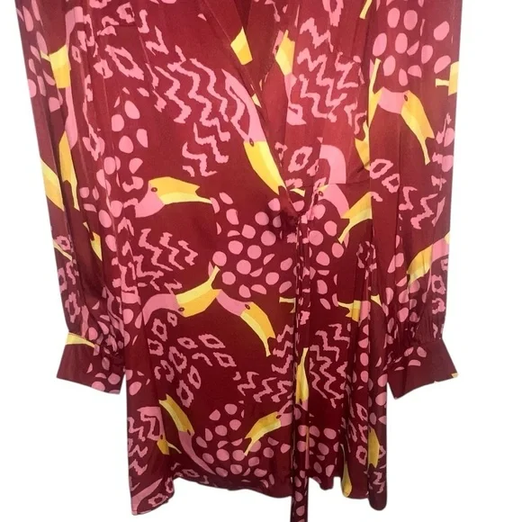 EUC FARM Rio Toucanissimo Long Sleeve Print Wrap Dress Burgundy Small Beaded - Picture 5 of 8